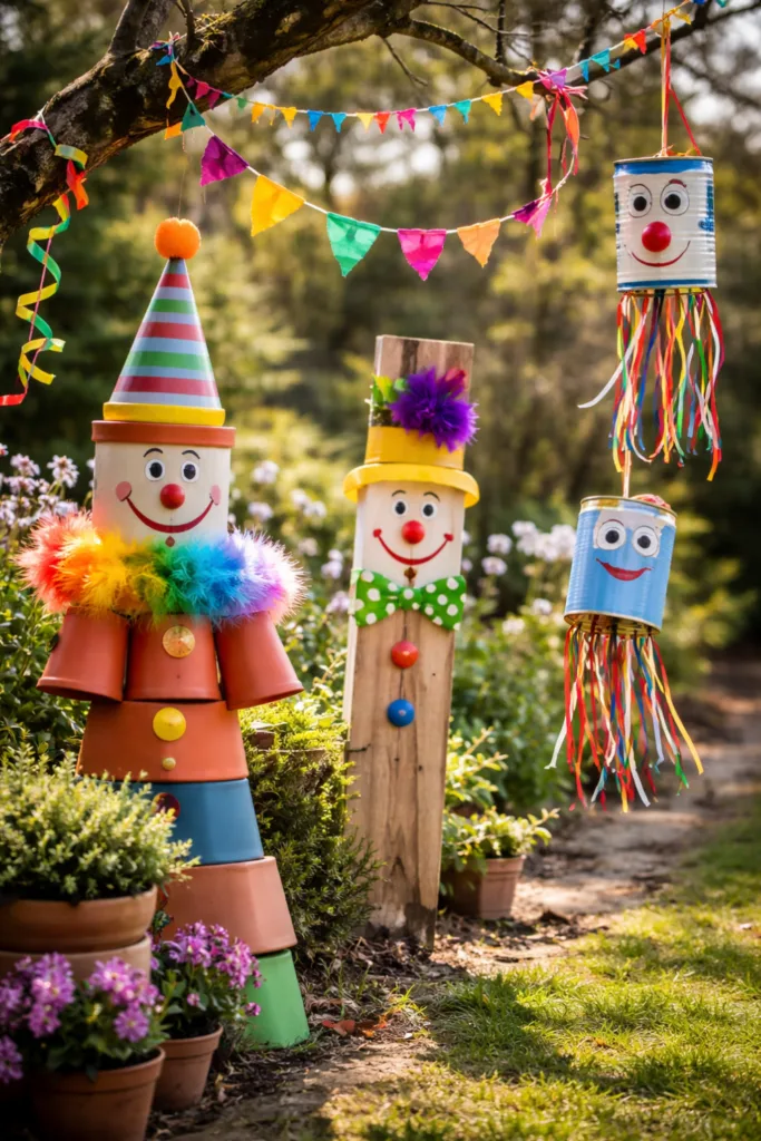 Faschingsdeko für draußen mit bunten Gartenfiguren, Masken und fröhlicher Gartenszene