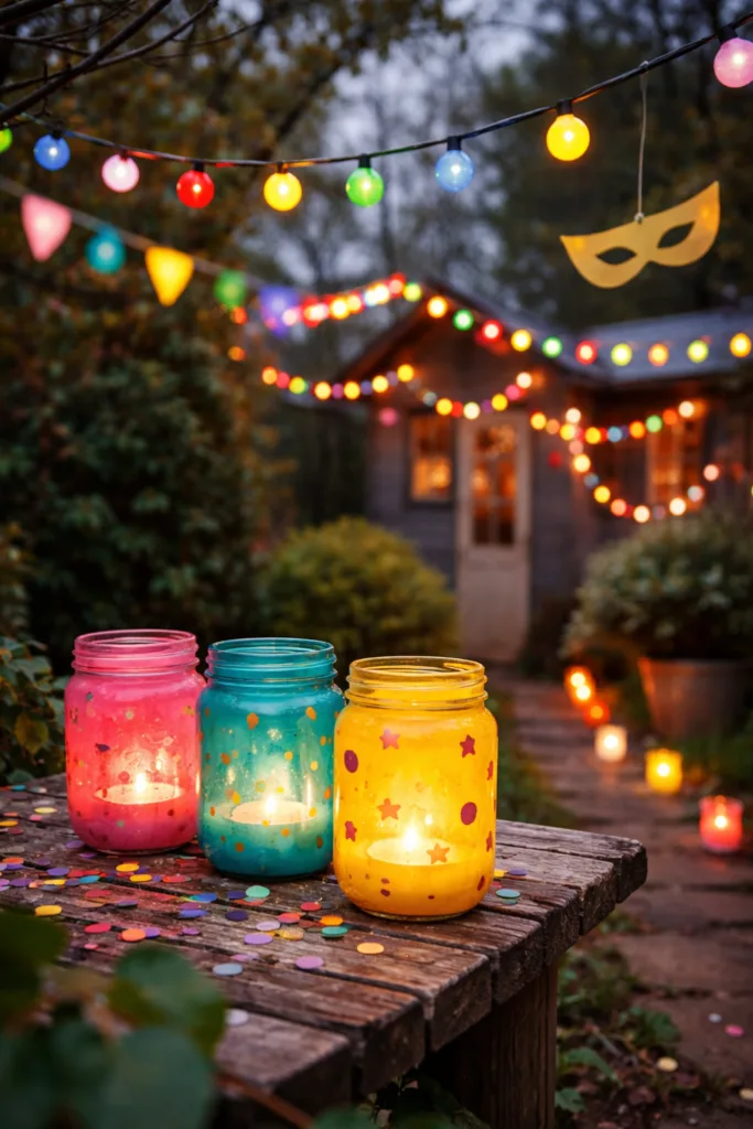 Bunte Lichter und Laternen als Faschingsdeko für draußen im Garten bei Abendstimmung