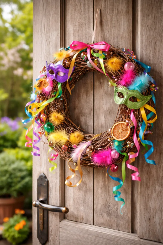 Farbenfroher Faschingskranz mit Masken und Bändern als Gartendeko für draußen