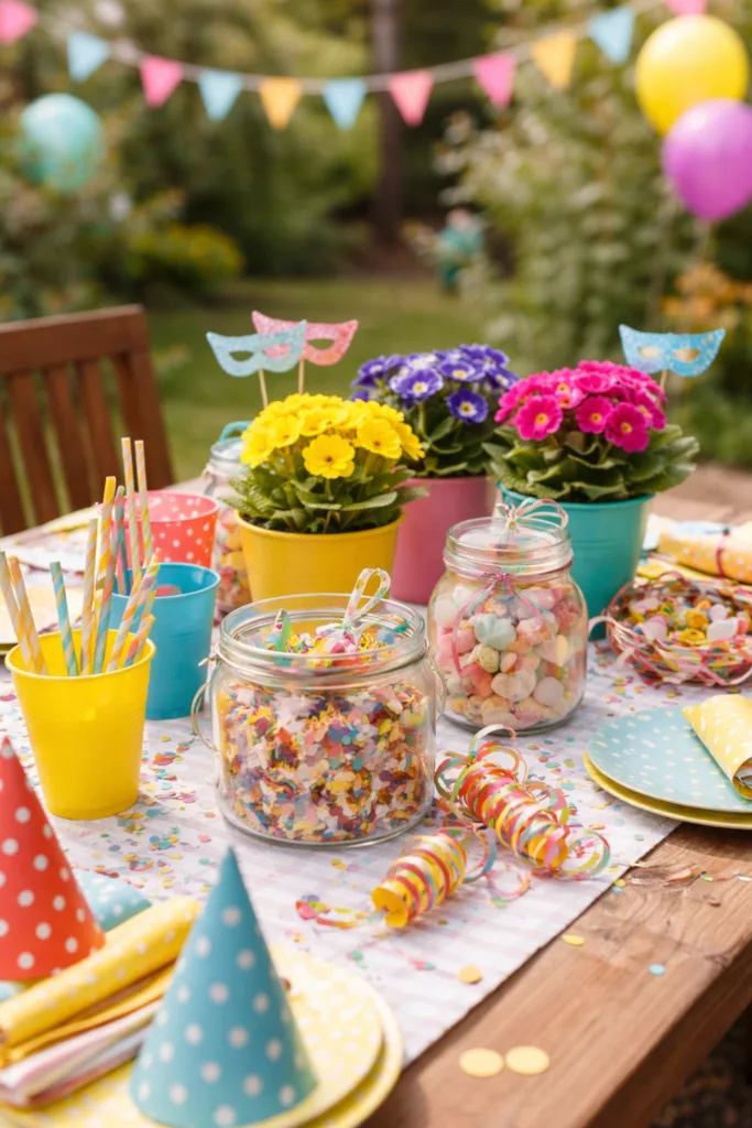 Bunte Faschingsdeko für draußen mit Primeln, Konfetti und farbiger Tischgestaltung im Garten