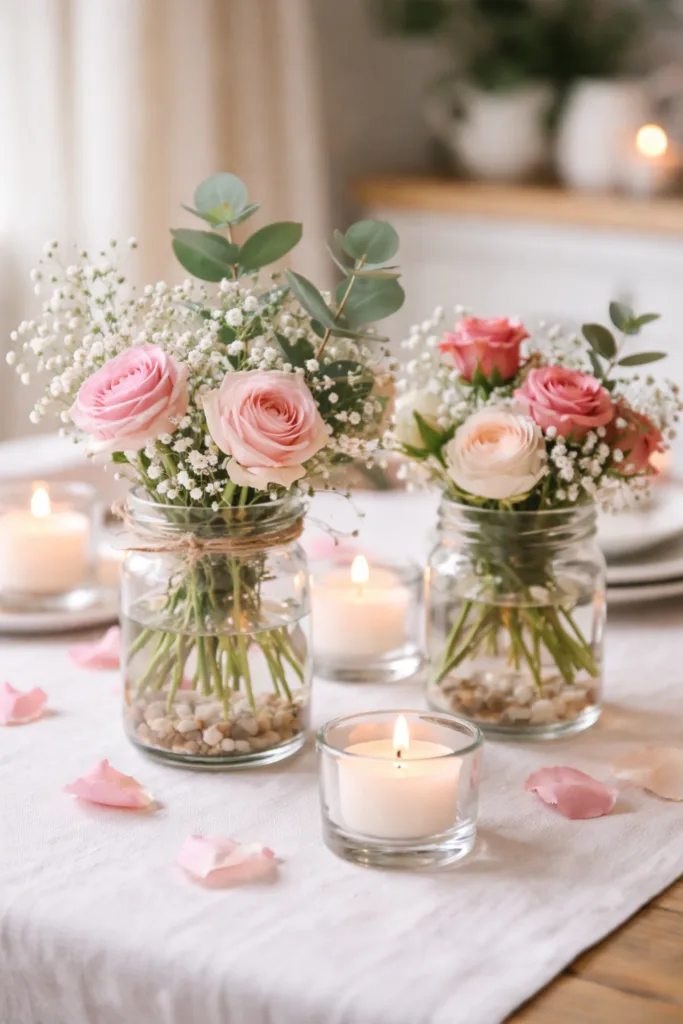Blumengläser mit Rosen und Eukalyptus als Valentinstag Blumen Deko auf Tisch