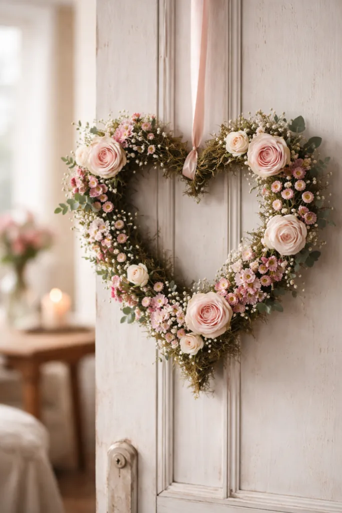 Herz aus Blumen als Valentinstag Deko mit Rosen und Moos an Tür