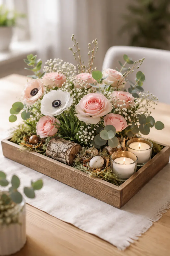 Blumenschale mit Rosen und Ranunkeln als Valentinstag Blumen Deko auf Holztisch