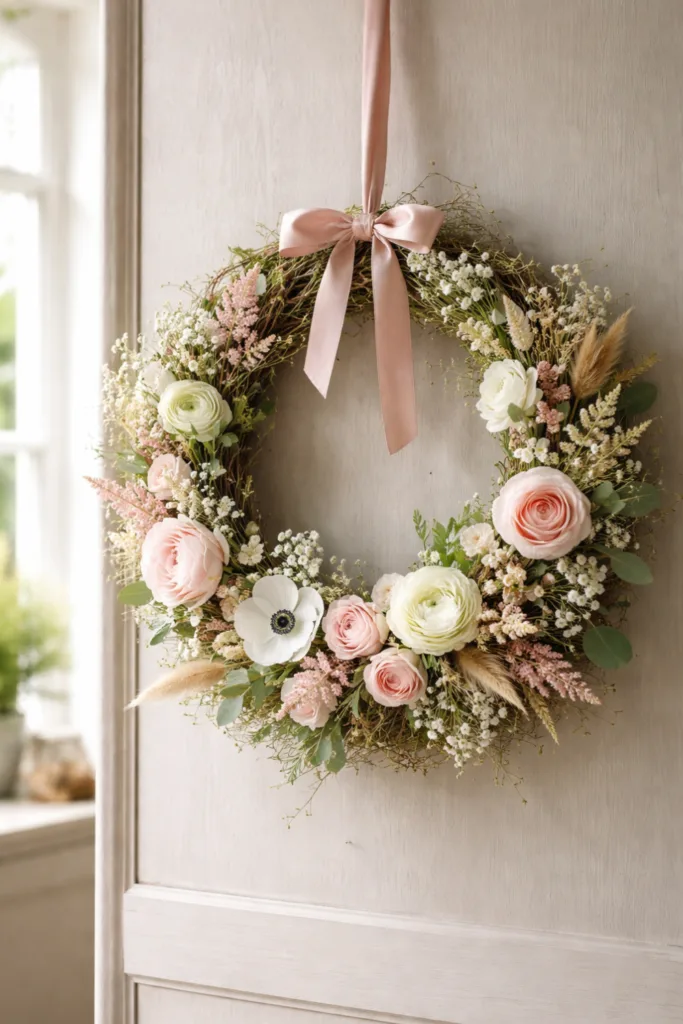 Blumenkranz mit Rosen und Eukalyptus als natürliche Valentinstag Blumen Deko