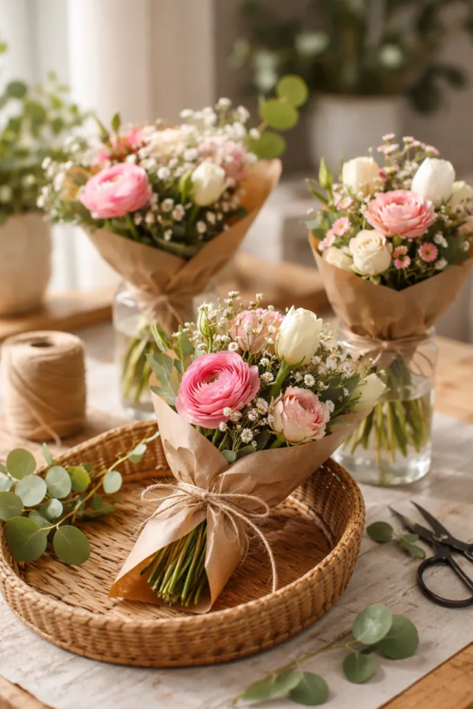 Kleine Valentinstag Blumen Deko mit Rosen und Ranunkeln in Packpapier gebunden