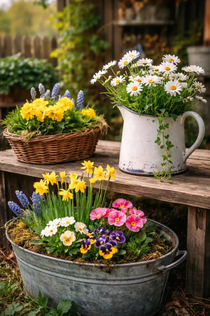 5 wunderschöne Frühlingsdeko-Ideen für deinen Schrebergarten Alte Emaille- und Zinkgefäße mit Frühlingsblumen als Deko im Schrebergarten