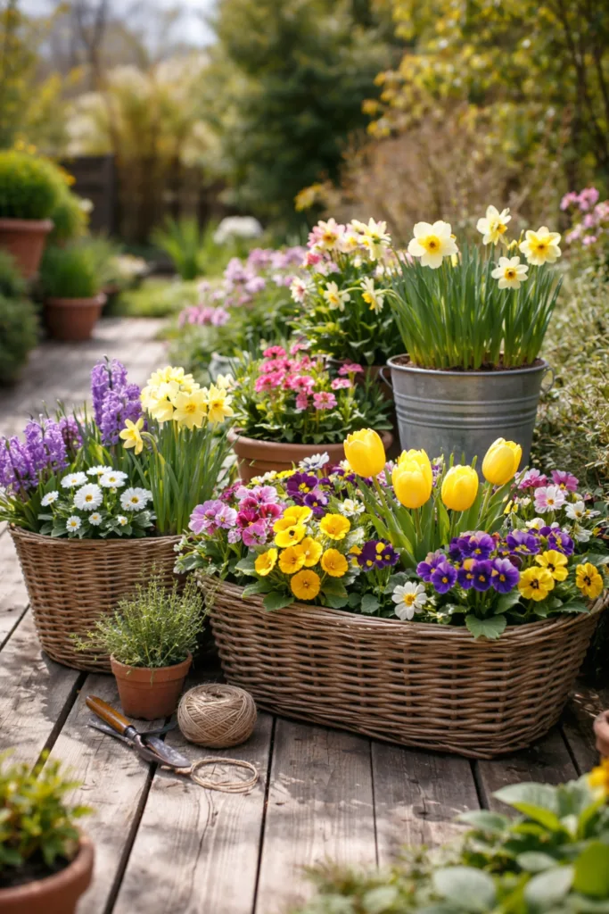 5 wunderschöne Frühlingsdeko-Ideen für deinen Schrebergarten Blumenkörbe und Kübel mit Frühlingsdeko im Schrebergarten voller bunter Frühblüher