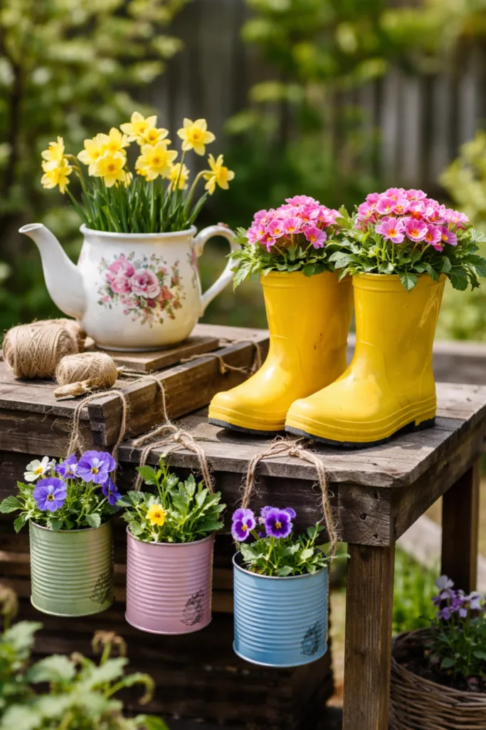 5 wunderschöne Frühlingsdeko-Ideen für deinen Schrebergarten Upcycling-Frühlingsdeko im Schrebergarten mit Gummistiefeln, Teekanne und bunten Dosenpflanzern