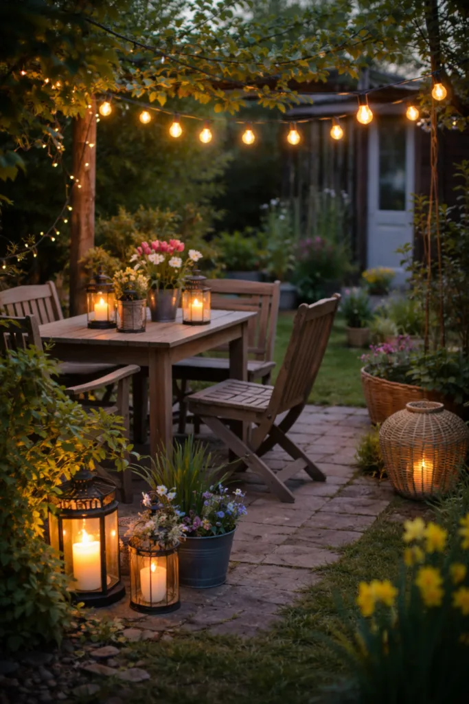 5 wunderschöne Frühlingsdeko-Ideen für deinen Schrebergarten Abendliche Frühlingsdeko im Schrebergarten mit Laternen, Blumen und Lichterketten