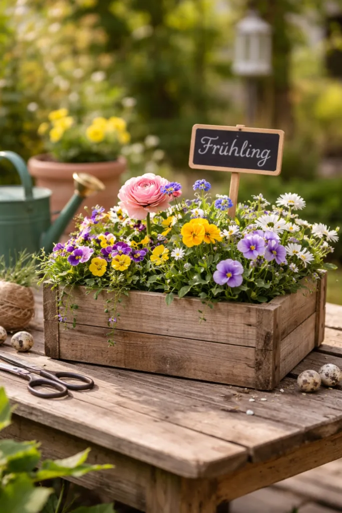 Frühlingsdeko selber machen – 5 kreative Ideen für deinen Garten Holz-Blumenkasten mit bunten Frühlingsblumen als DIY-Deko im Garten