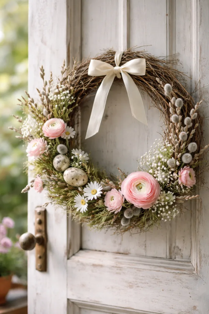 Frühlingsdeko selber machen – 5 kreative Ideen für deinen Garten Türkranz aus Naturmaterialien mit Blumen und Moos – Frühlingsdeko selber machen