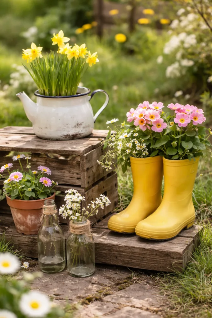 Frühlingsdeko selber machen – 5 kreative Ideen für deinen Garten Upcycling-Idee: Frühlingsdeko im Garten mit Gummistiefeln und Teekanne voller Blumen