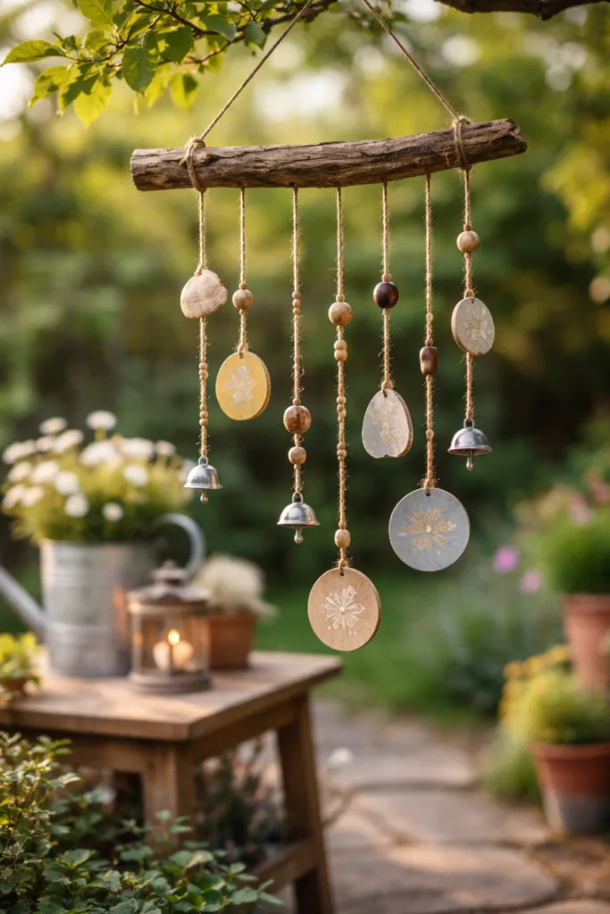 Frühlingsdeko selber machen – 5 kreative Ideen für deinen Garten Fotorealistisches DIY-Windspiel aus Holz und Muscheln als Frühlingsdeko im Garten