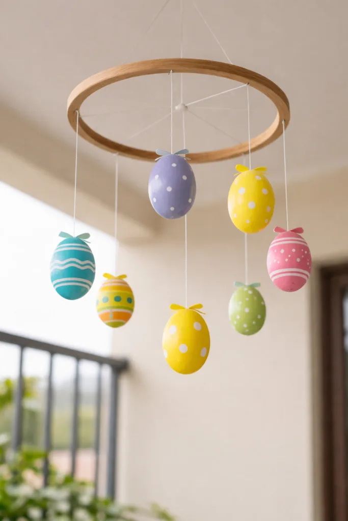 Balkon zu Ostern dekorieren – 5 einfache und schöne Ideen Buntes Osterei-Mobile als kreative Osterdeko für den Balkon im Frühling