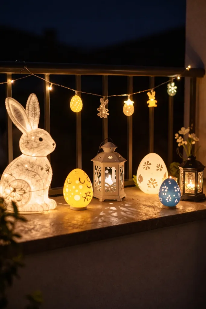 Balkon zu Ostern dekorieren – 5 einfache und schöne Ideen Osterdeko auf dem Balkon mit beleuchtetem Hasen und bunten Laternen