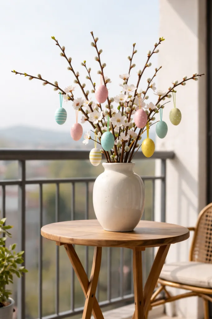 Balkon zu Ostern dekorieren – 5 einfache und schöne Ideen Osterdeko Balkon mit Vase, Blütenzweigen und bunten Ostereiern im Frühling
