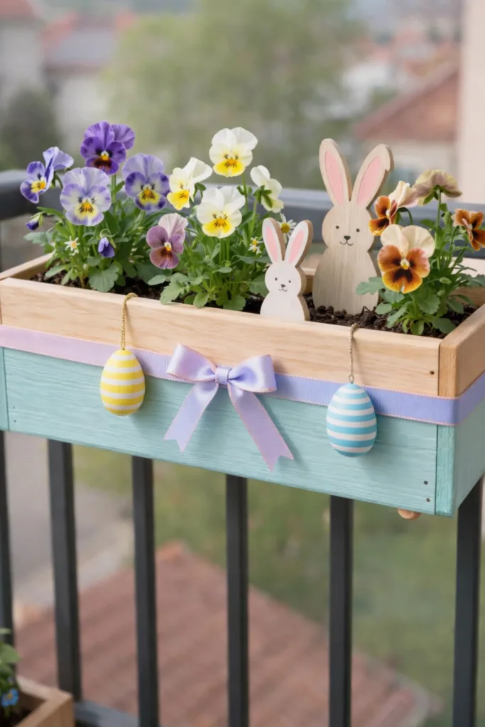 Balkon zu Ostern dekorieren – 5 einfache und schöne Ideen Blumenkasten mit Stiefmütterchen und Holzhasen als Osterdeko auf dem Balkon