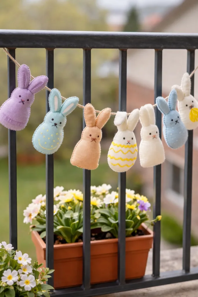Balkon zu Ostern dekorieren – 5 einfache und schöne Ideen Stoffhasen-Girlande in Pastellfarben als Osterdeko am Balkon mit Blumen