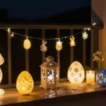 Leuchtende Osterdeko mit Hasenfigur und Laternen auf einem Balkon bei Nacht