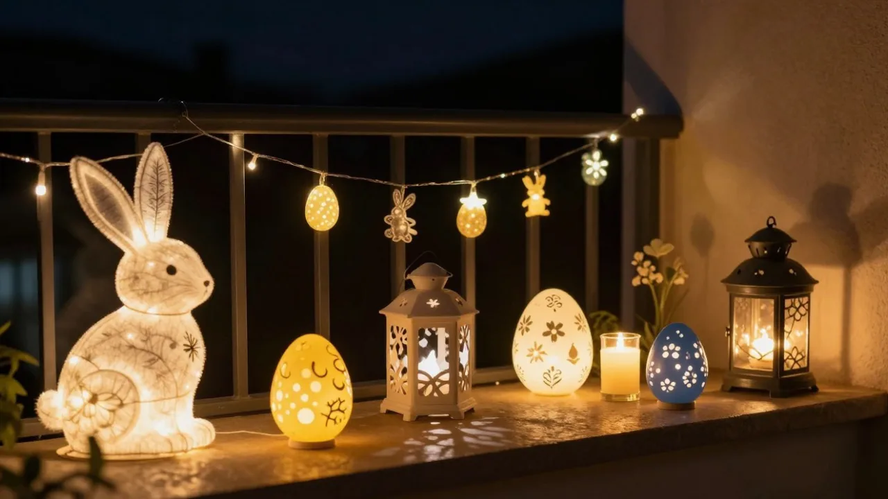 Leuchtende Osterdeko mit Hasenfigur und Laternen auf einem Balkon bei Nacht