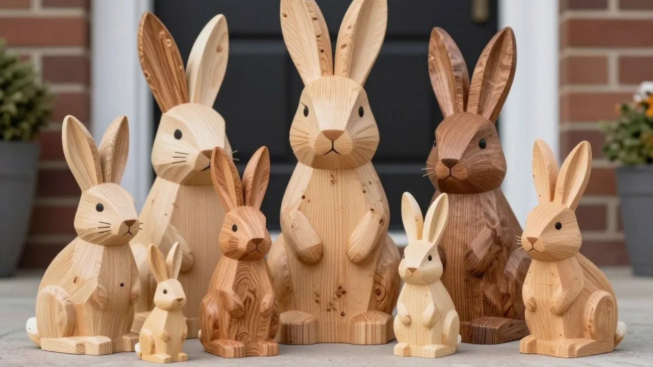 Osterdeko für den Hauseingang mit handgefertigten Holzhasen in verschiedenen Größen und Farben