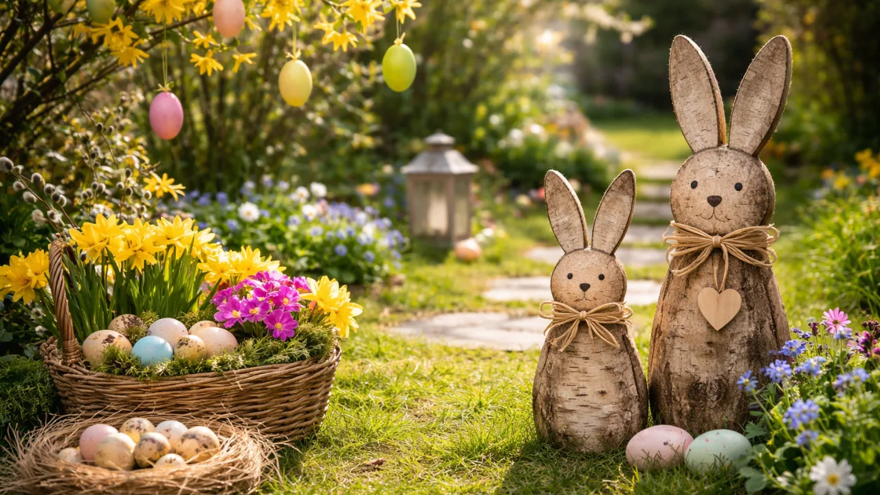Osterdeko im Garten mit Holzhasen, Blumen und bunten Ostereiern
