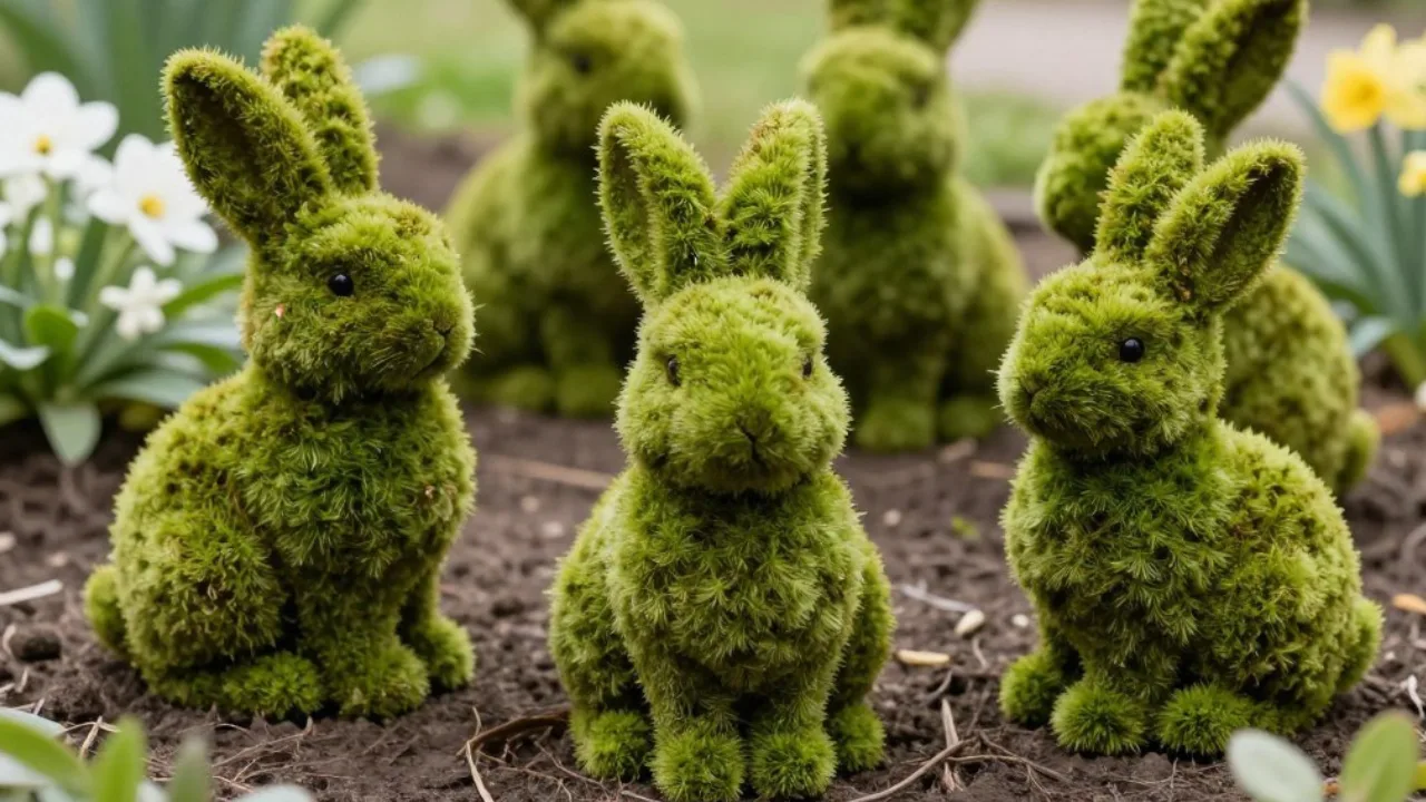 Grüne Moos-Hasen im Garten – nachhaltiger Osterdeko-Trend 2026 mit Frühlingsblumen