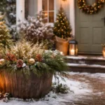 Winterdeko im Vorgarten mit Lichtern, Tannenzweigen und rustikalen Pflanzkübeln