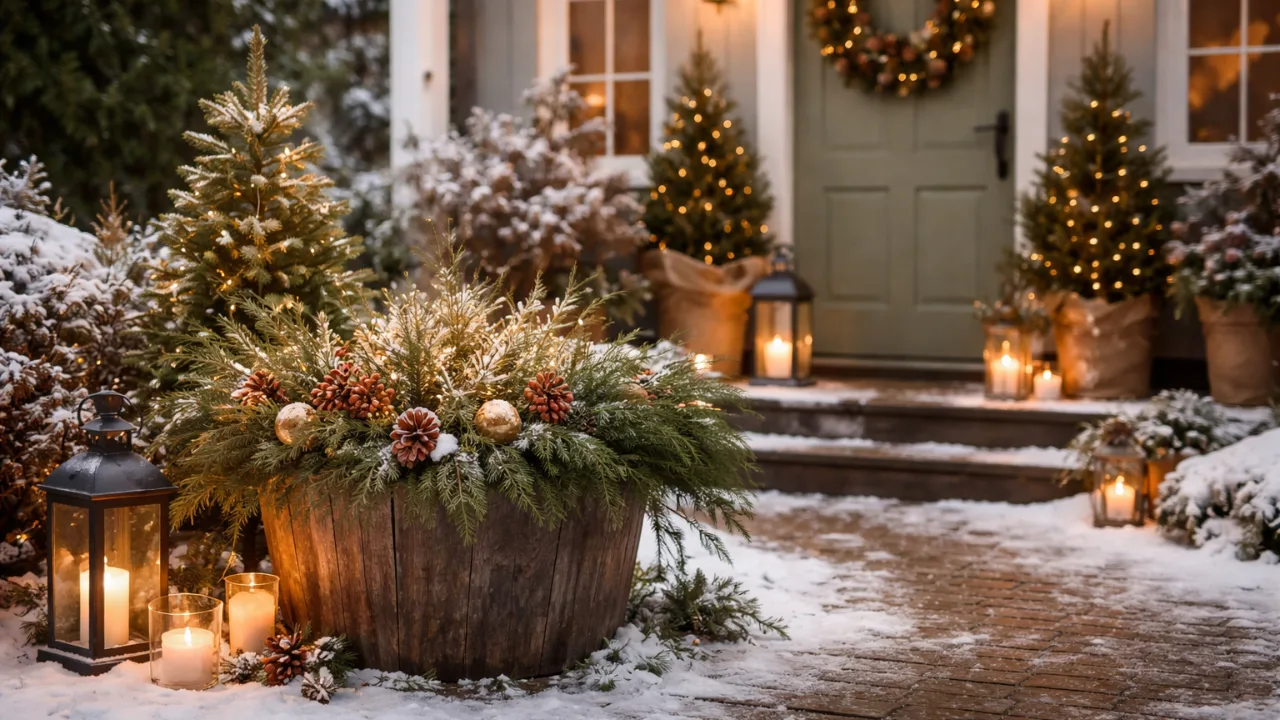 Winterdeko im Vorgarten mit Lichtern, Tannenzweigen und rustikalen Pflanzkübeln