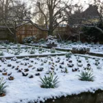 Blühende Schneeglöckchen im Wintergarten trotz Schnee als robuste Frühblüher im Beet