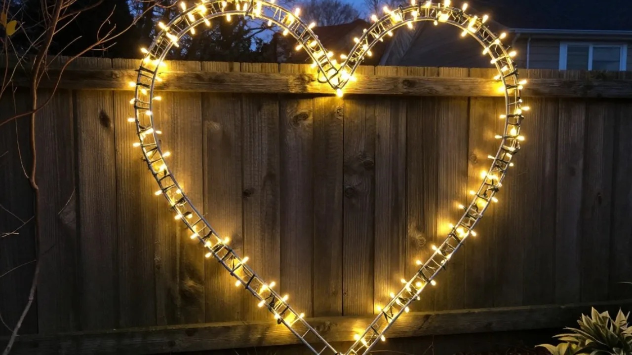 Garten im Februar Deko mit beleuchtetem Herz aus Lichterkette am Holzzaun in der Dämmerung