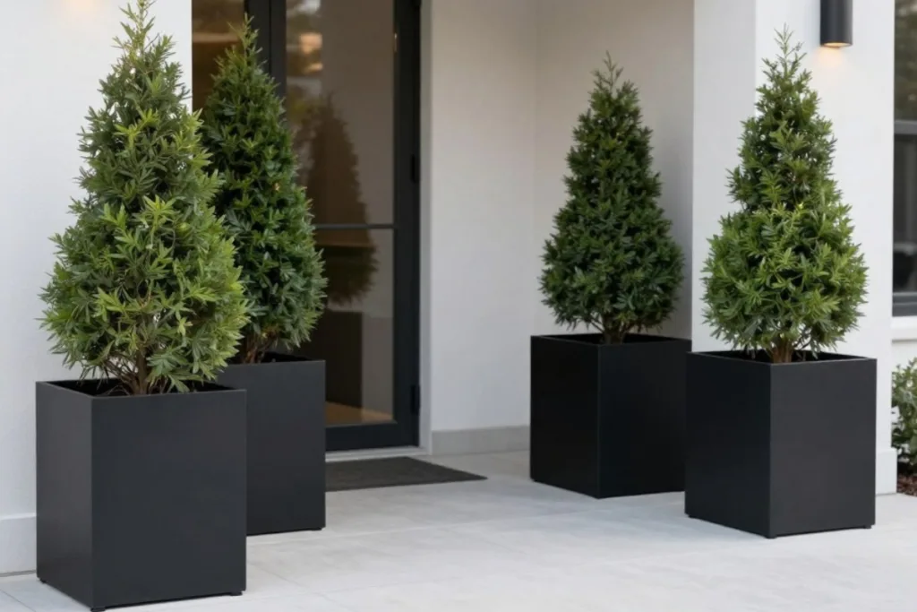 Hauseingang im Februar: Warum Struktur jetzt wichtiger ist als Farbe Hauseingang im Februar dekorieren mit immergrünen Kübelpflanzen in schwarzen Pflanzkübeln neben Haustür