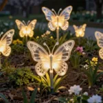 Leuchtende Schmetterlingslichter als stimmungsvolle Frühlingsdeko im Garten zwischen bunten Blumen.