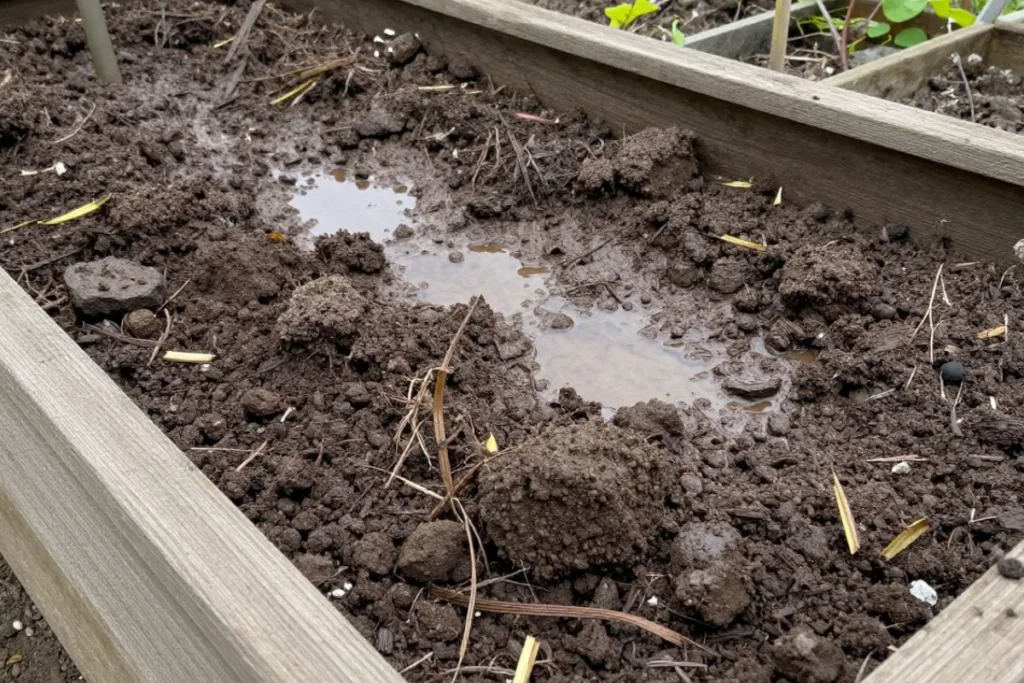 Staunässe im Hochbeet mit Wasserpfützen im verdichteten Boden ohne Drainage