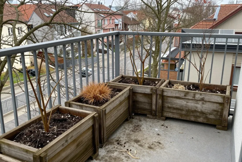 Osterdeko auf dem Balkon: Schön, aber trotzdem alltagstauglich Kahler Balkon mit Pflanzkästen vor der Gestaltung mit Osterdeko für den Balkon im Frühling