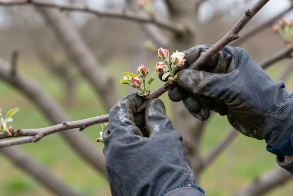 Hände mit Handschuhen beim Obstbaumschnitt im Frühling an Knospen eines Obstbaums