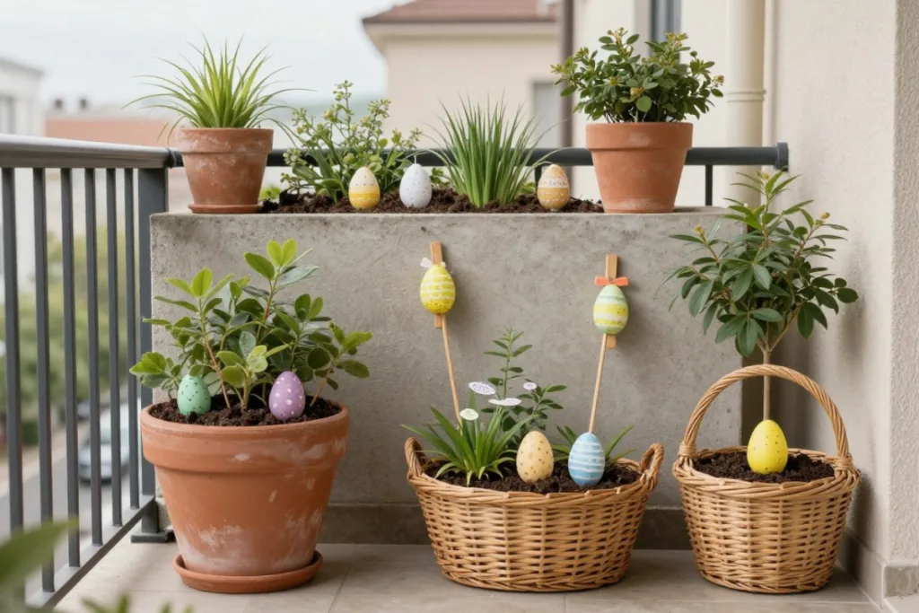 Osterdeko auf dem Balkon: Schön, aber trotzdem alltagstauglich Osterdeko für den Balkon mit bepflanzten Körben, Terrakotta-Töpfen und dekorativen Ostereiern im Frühling