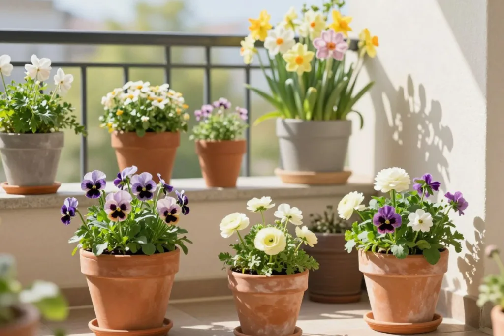 Osterdeko auf dem Balkon: Schön, aber trotzdem alltagstauglich Osterdeko für den Balkon mit Primeln, Tulpen, Hyazinthen und Holzhasen in Terrakotta-Töpfen im Frühling