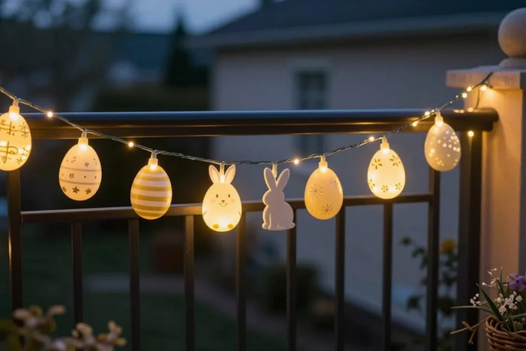 7 Ideen für Balkon-Osterdeko: Natürlich, ruhig und ohne Kitsch Warmweiße Lichterkette mit Osteranhängern als Osterdeko für den Balkon