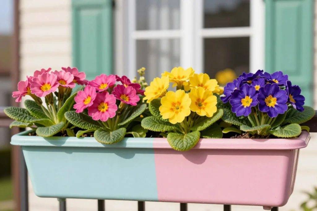 7 Ideen für Balkon-Osterdeko: Natürlich, ruhig und ohne Kitsch Bunte Primeln im Balkonkasten als frische Osterdeko für den Balkon