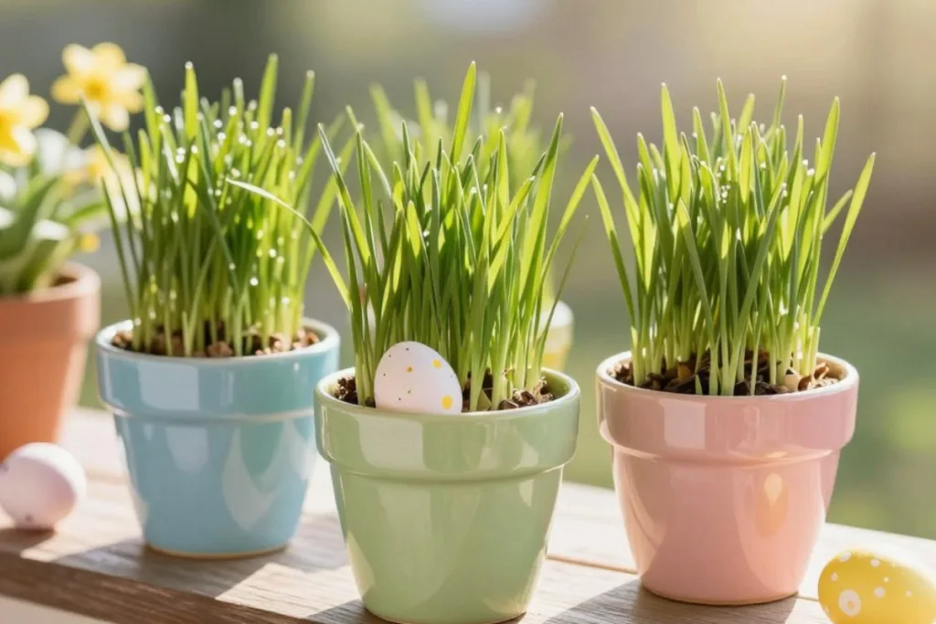 7 Ideen für Balkon-Osterdeko: Natürlich, ruhig und ohne Kitsch Pastellfarbene Töpfe mit Frühlingsgras als Osterdeko für den Balkon