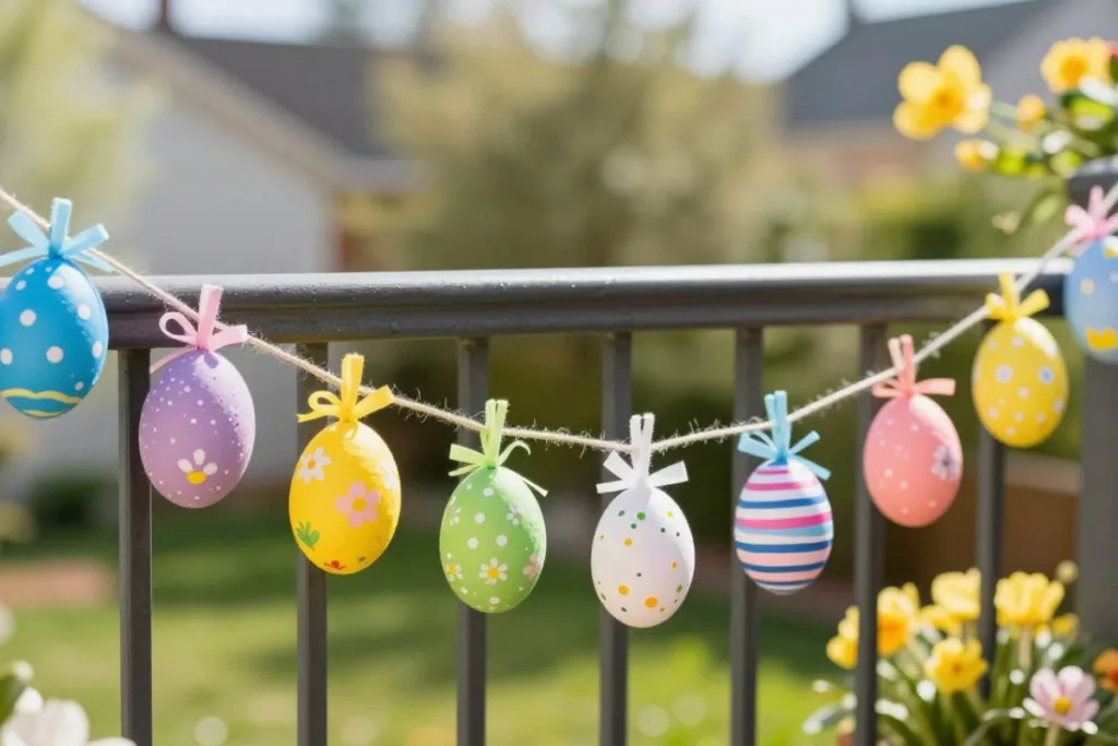 7 Ideen für Balkon-Osterdeko: Natürlich, ruhig und ohne Kitsch Bemalte Ostereier am Geländer als kreative Osterdeko für den Balkon