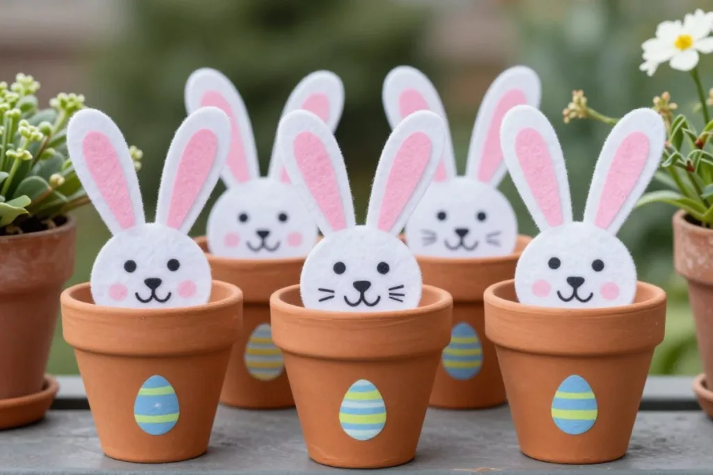 7 Ideen für Balkon-Osterdeko: Natürlich, ruhig und ohne Kitsch Kleine Hasenfiguren im Blumentopf als verspielte Osterdeko für den Balkon