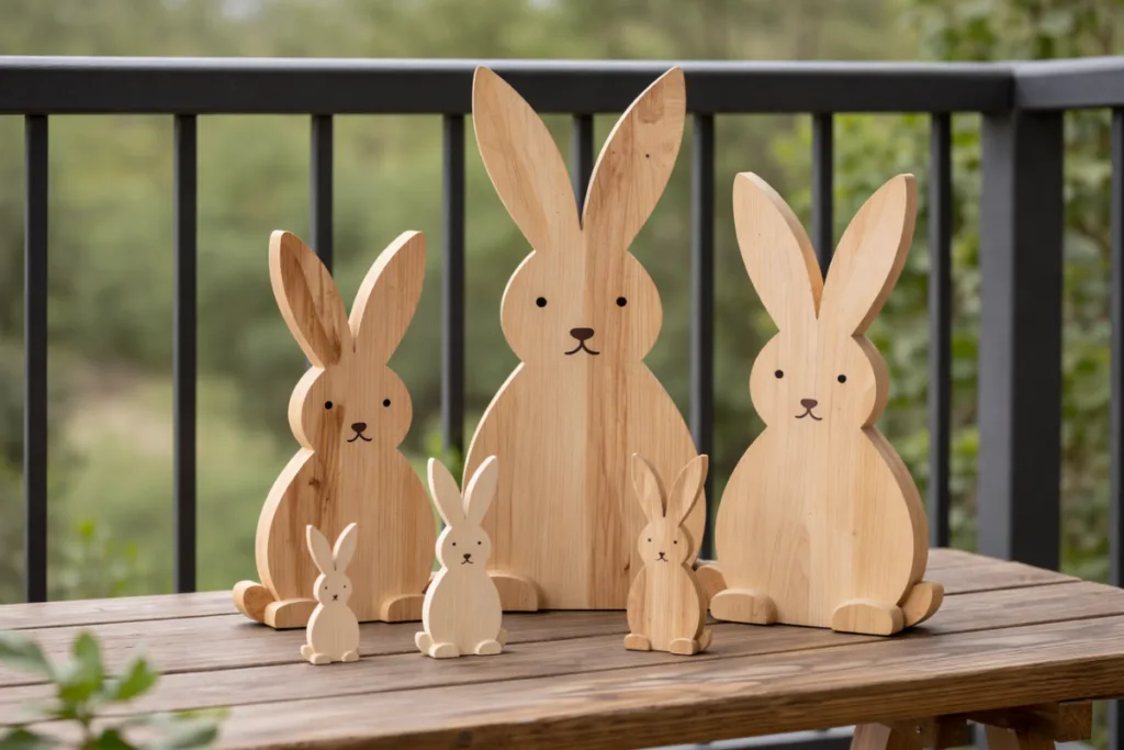 7 Ideen für Balkon-Osterdeko: Natürlich, ruhig und ohne Kitsch Holzhasen in verschiedenen Größen als Osterdeko für den Balkon