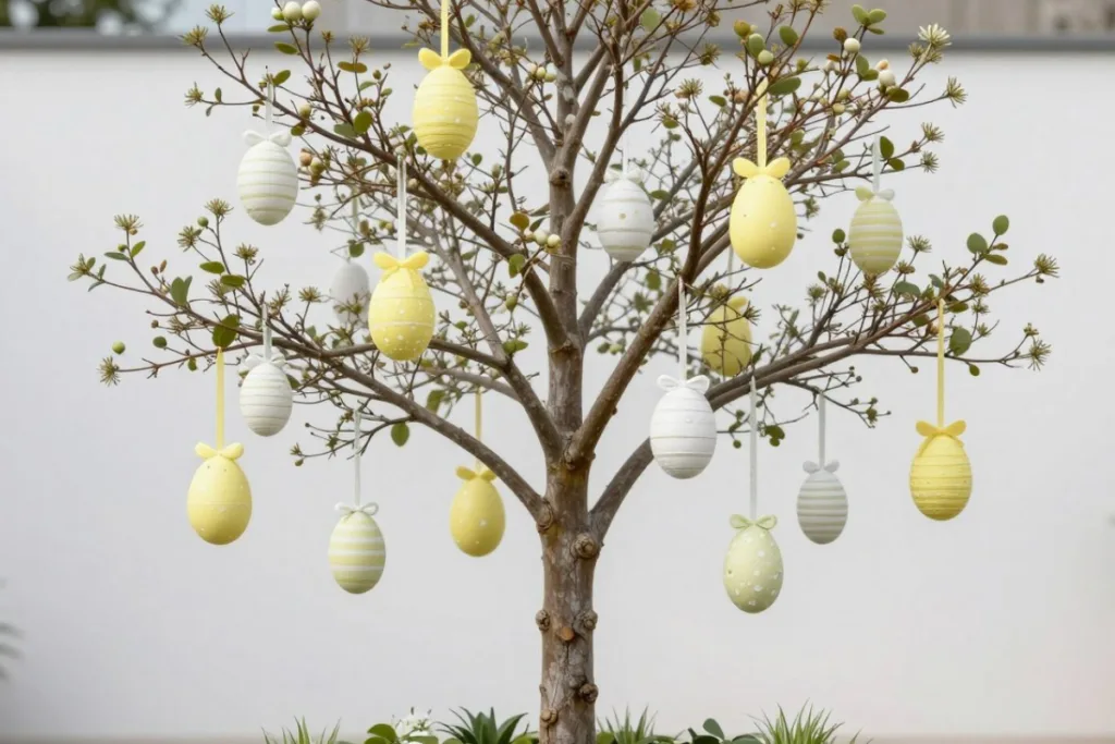 Osterdeko für Bäume und Sträucher mit gelben und weißen Ostereiern im Garten