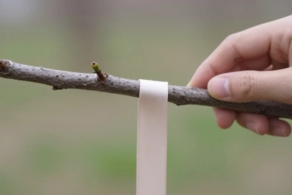 Osterdeko für Bäume und Sträucher mit locker befestigtem Band am Zweig im Garten