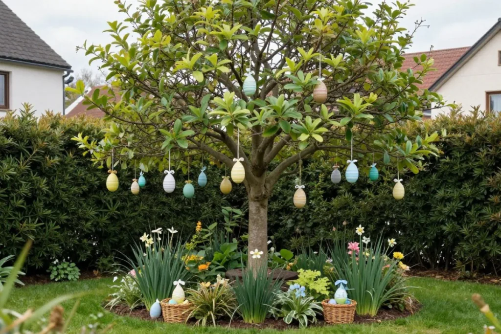 Osterdeko für Bäume und Sträucher mit bunten Ostereiern im Gartenbeet vor Hecke