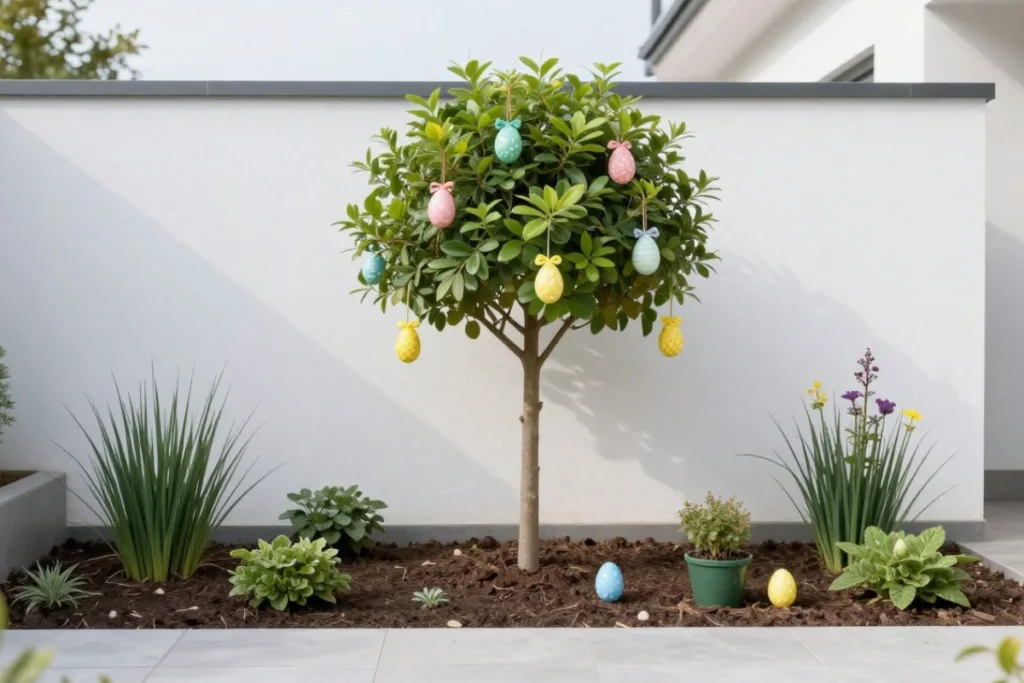 Osterdeko für Bäume und Sträucher mit bunten Ostereiern im modernen Vorgarten vor Hauswand