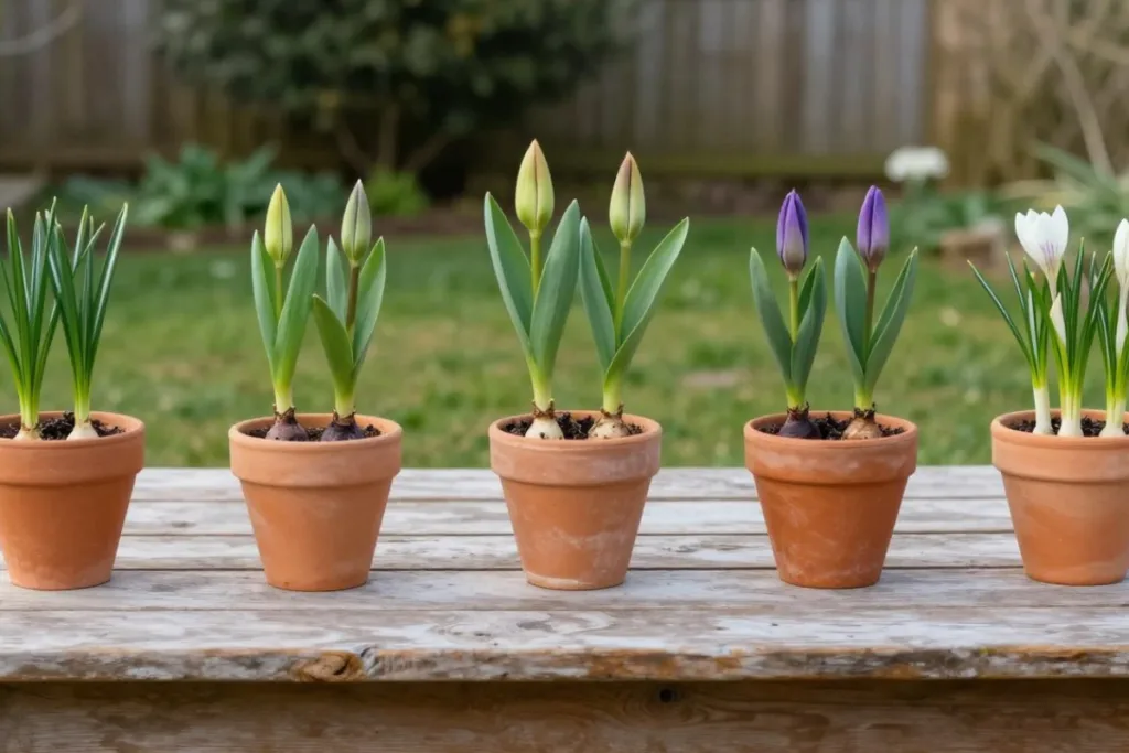 Terrassentisch mit ersten Frühblühern in Töpfen dekoriert