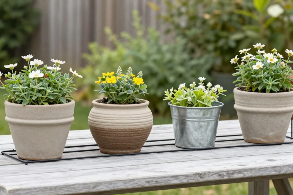Standfeste Frühlingsdeko mit schweren Gefäßen auf Terrassentisch